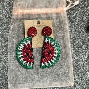 Beaded Watermelon Drop Earrings - Red & Green